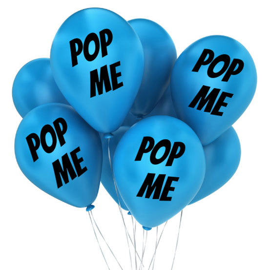 bunch of blue balloons with Pop Me decals on them