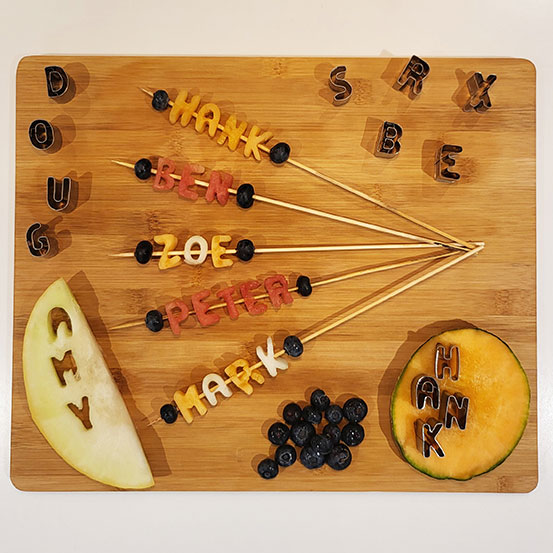 fruit name assembled on skewers