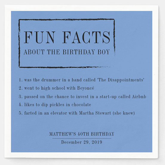 Fun Facts About the Birthday Boy/Girl personalized blue napkins