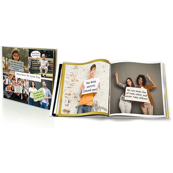 cover and inside page spread of reasons we love you photo book showing people holding up signs