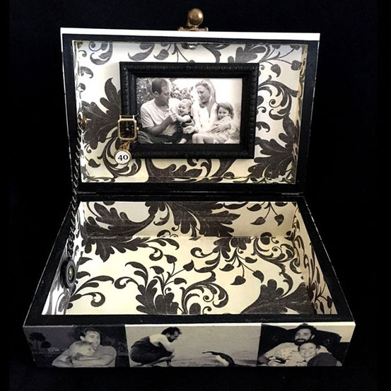 inside view of custom photo keepsake / memory box showing black and white family photo