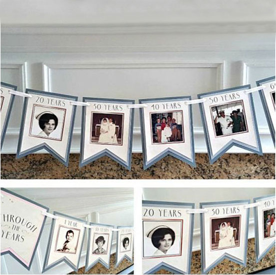 blue garland banner with photographs showing the birthday girl Through the Years