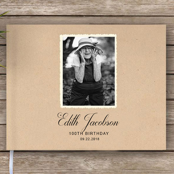 guestbook with cover photo of the birthday honoree