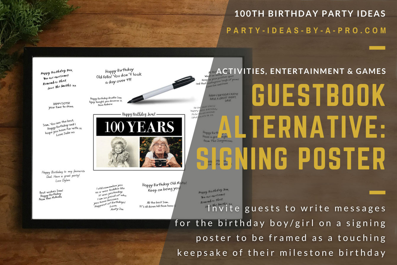 custom 100th birthday signing poster guestbook alternative with photos of birthday boy as adult and child surrounded by handwritten messages