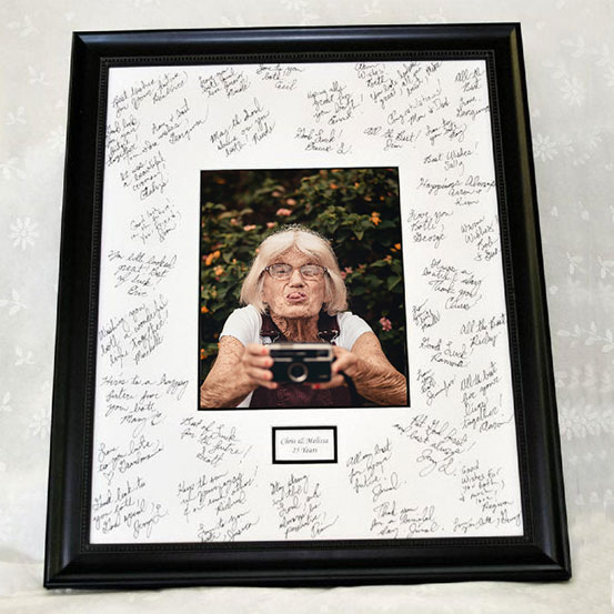 custom 100th birthday framed signing poster guestbook alternative with photo of birthday boy surrounded by handwritten messages