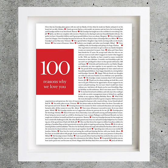 100 reasons We Love You framed red and white