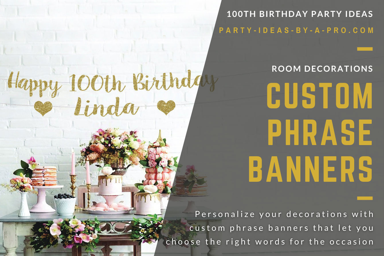 Personalized 100th Birthday gold text banner on wooden backdrop