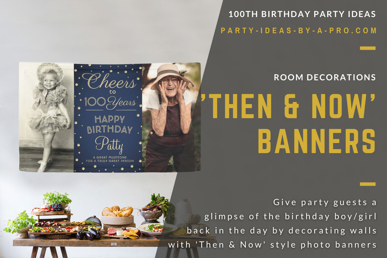 Cheers to 100 years custom photo banner showing birthday boy as a baby and as a man