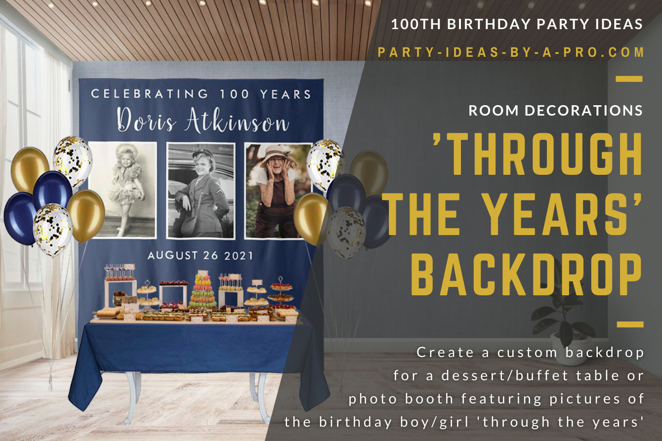 Celebrating 100 years photo backdrop showing birthday boy through the years