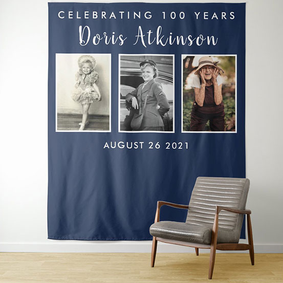 Celebrating 100 years photo backdrop showing birthday boy through the years