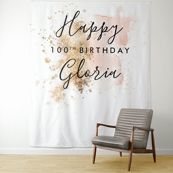 white, gold, and pink custom 100th birthday backdrop