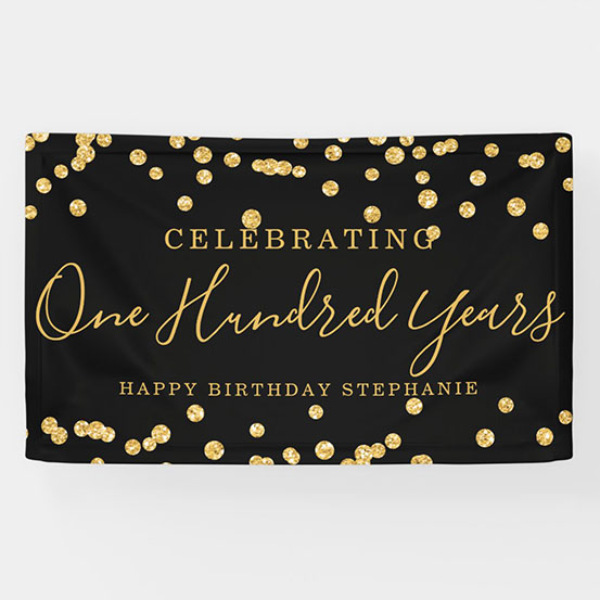 black and gold sequin Celebrating 100 years custom birthday banner