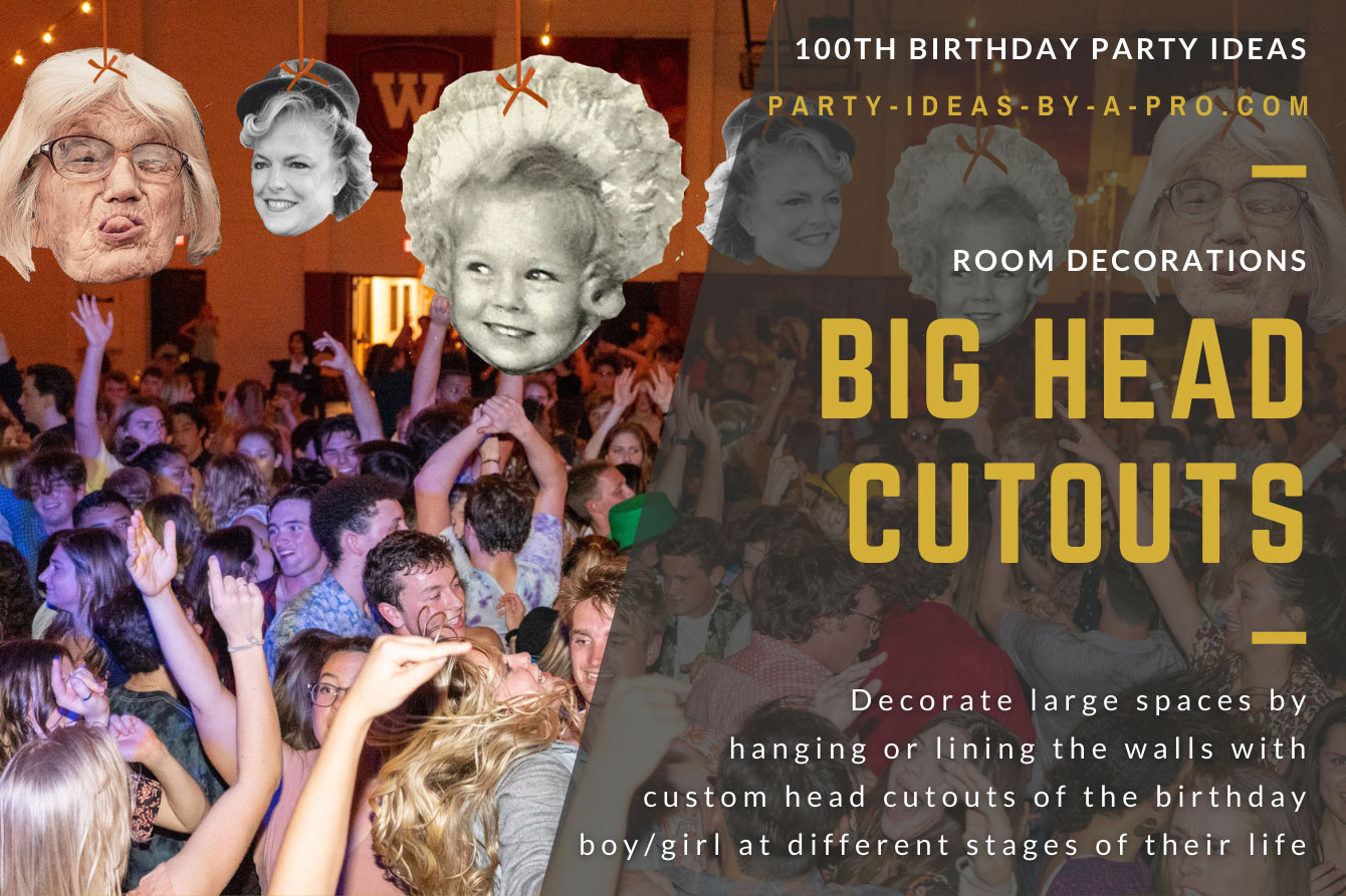 big head photo cutouts of the 100th birthday honoree as a man, boy, and baby hanging above dancefloor full of people