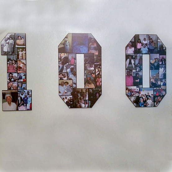 number 100 photo collage hung on wall behind birthday girl