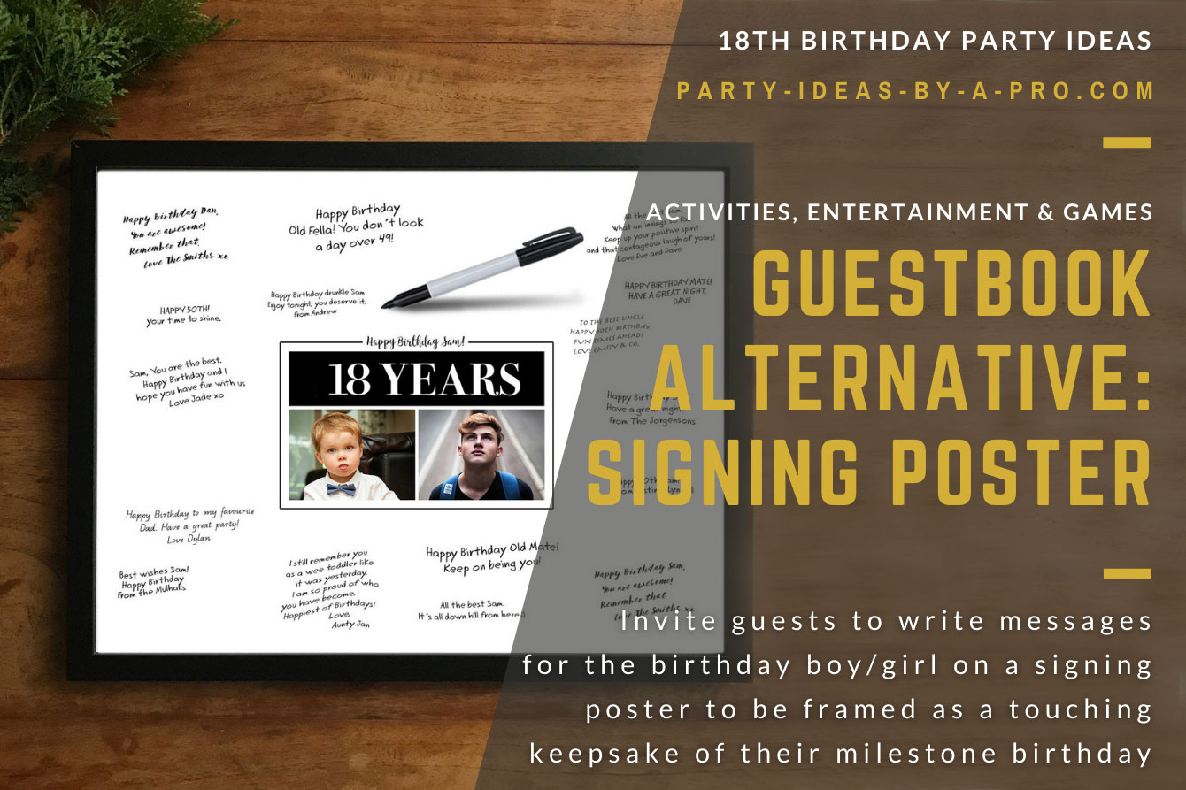 custom 18th birthday signing poster guestbook alternative with photos of birthday boy as adult and child surrounded by handwritten messages