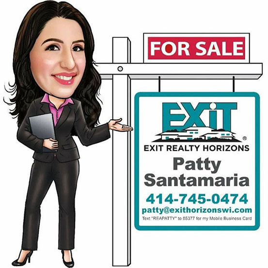 Caracature of a female real estate agent standing next to a Fore Sale sign