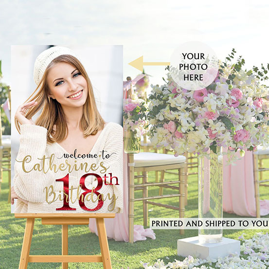 Custom photo 18th Birthday welcome sign on an easel