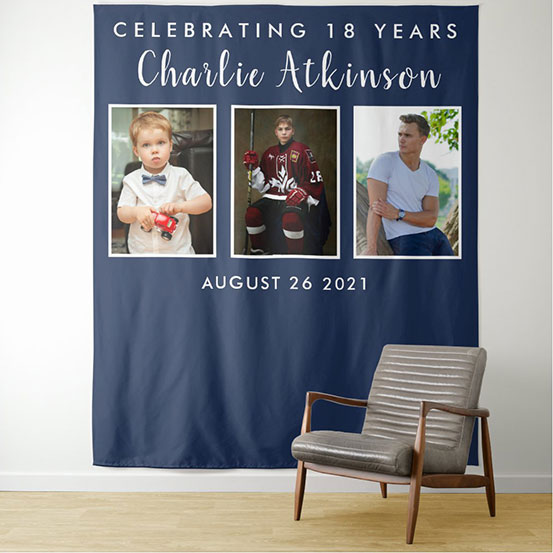 Celebrating 18 years photo backdrop showing birthday boy through the years