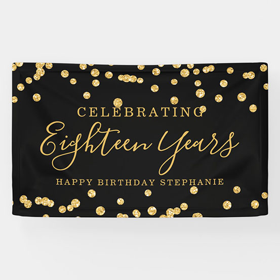 black and gold sequin Celebrating 18 years custom birthday banner