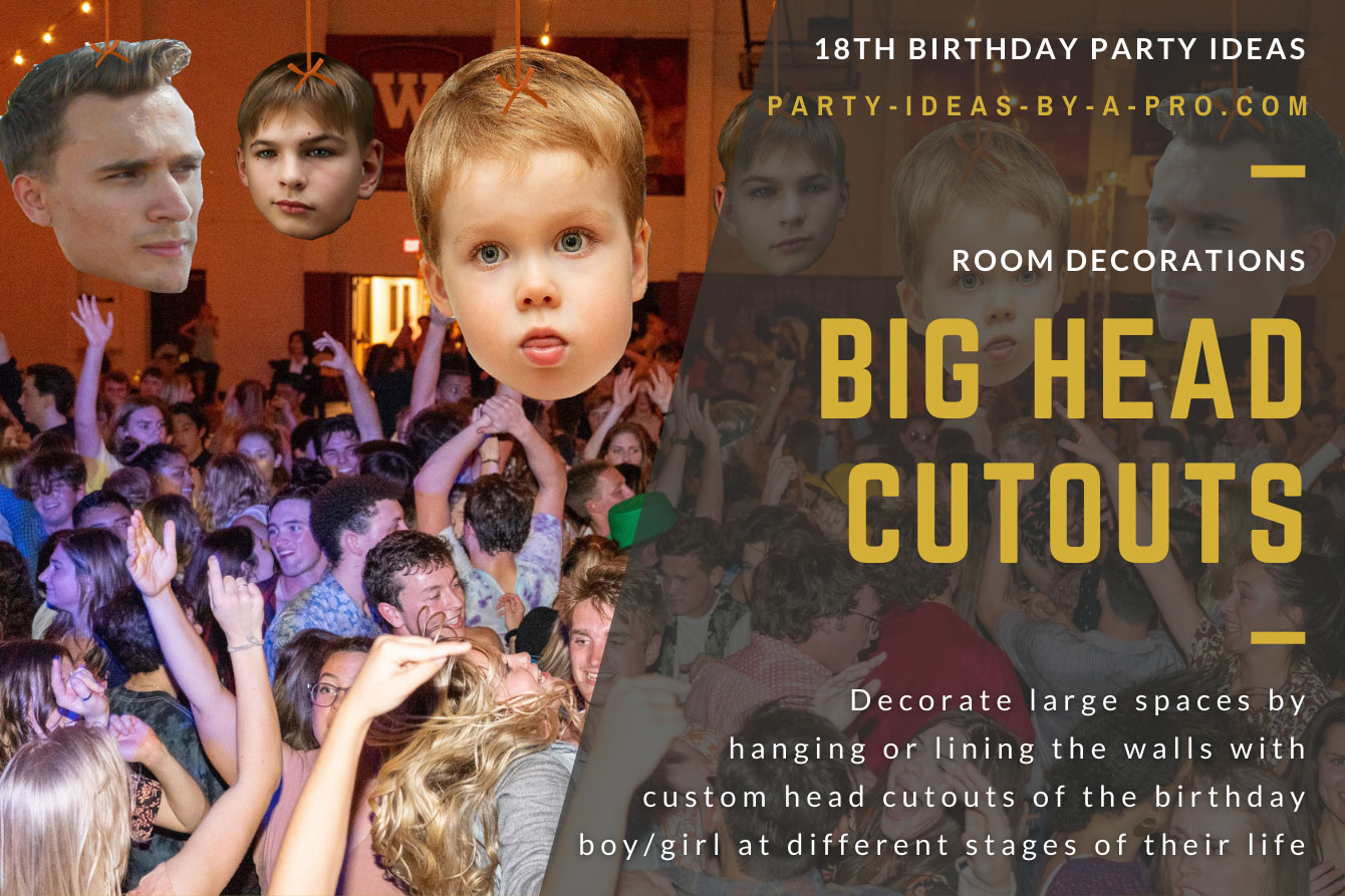 big head photo cutouts of the 18th birthday honoree as a man, boy, and baby hanging above dancefloor full of people