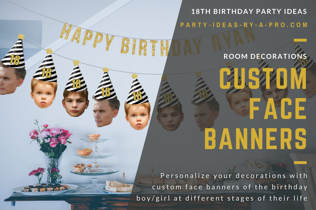 garland banner of faces of same person as a man, child, and baby wearing a 18th birthday party hat