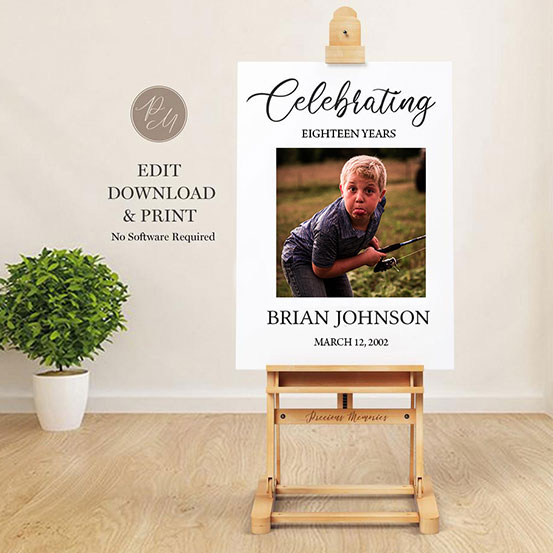 celebrating 18 years sign with photo of birthday boy as a baby displayed on an easel