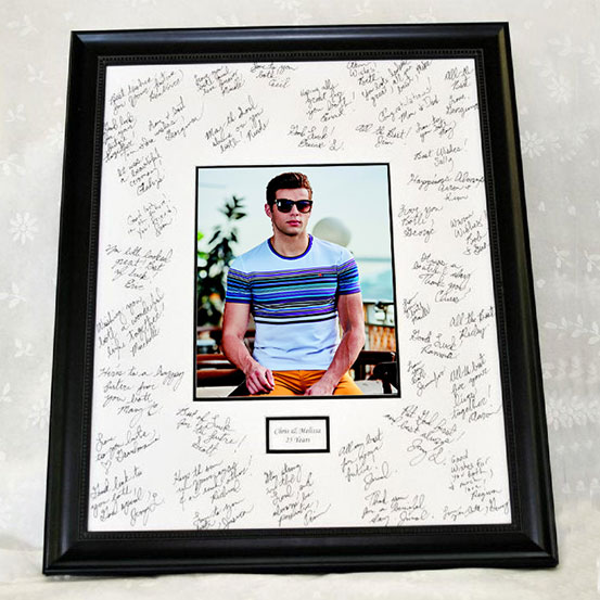 custom 21st birthday framed signing poster guestbook alternative with photo of birthday boy surrounded by handwritten messages