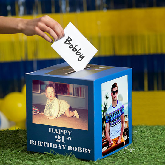 21st birthday card box printed with old photos of the birthday boy
