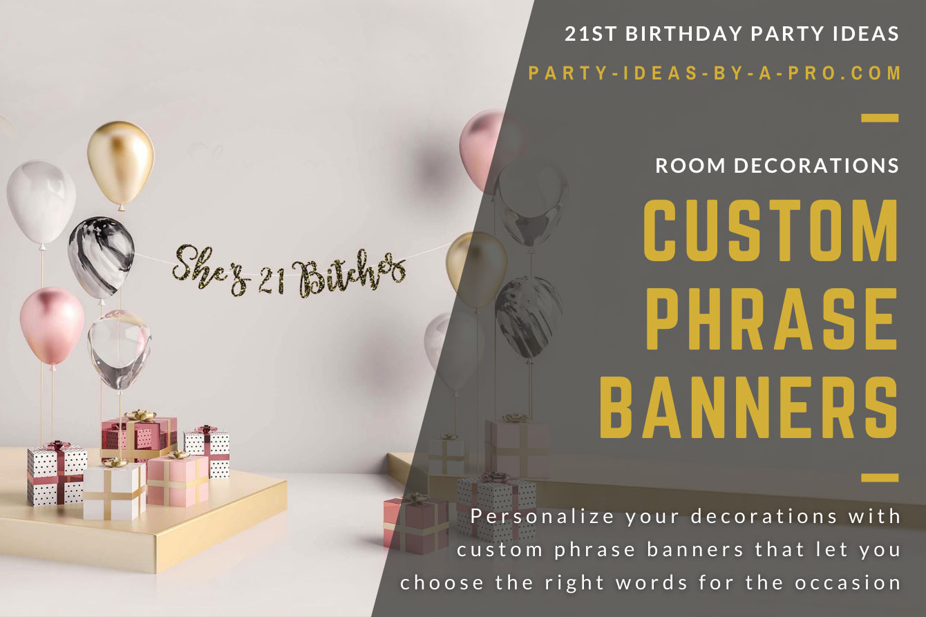 Personalized 21st Birthday gold text banner on wooden backdrop