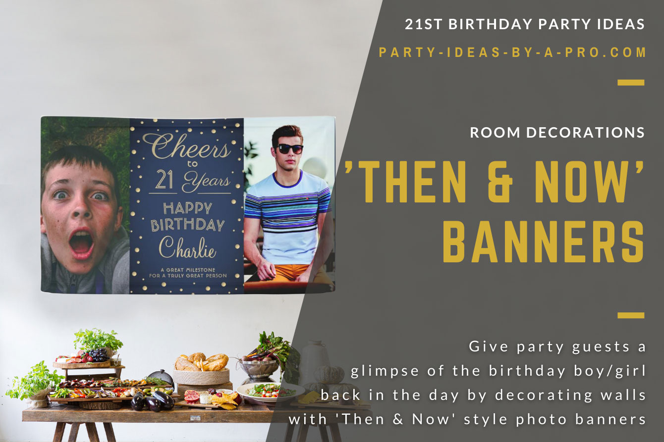 Cheers to 21 years custom photo banner showing birthday boy as a baby and as a man