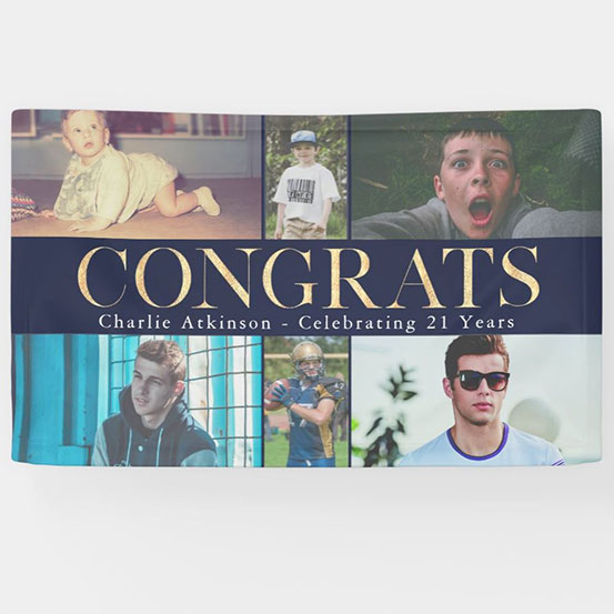 Congrats 21st birthday custom photo banner showing birthday boy at 6 different stages of his life