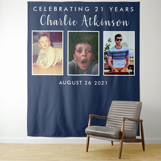 Celebrating 21 years photo backdrop showing birthday boy through the years