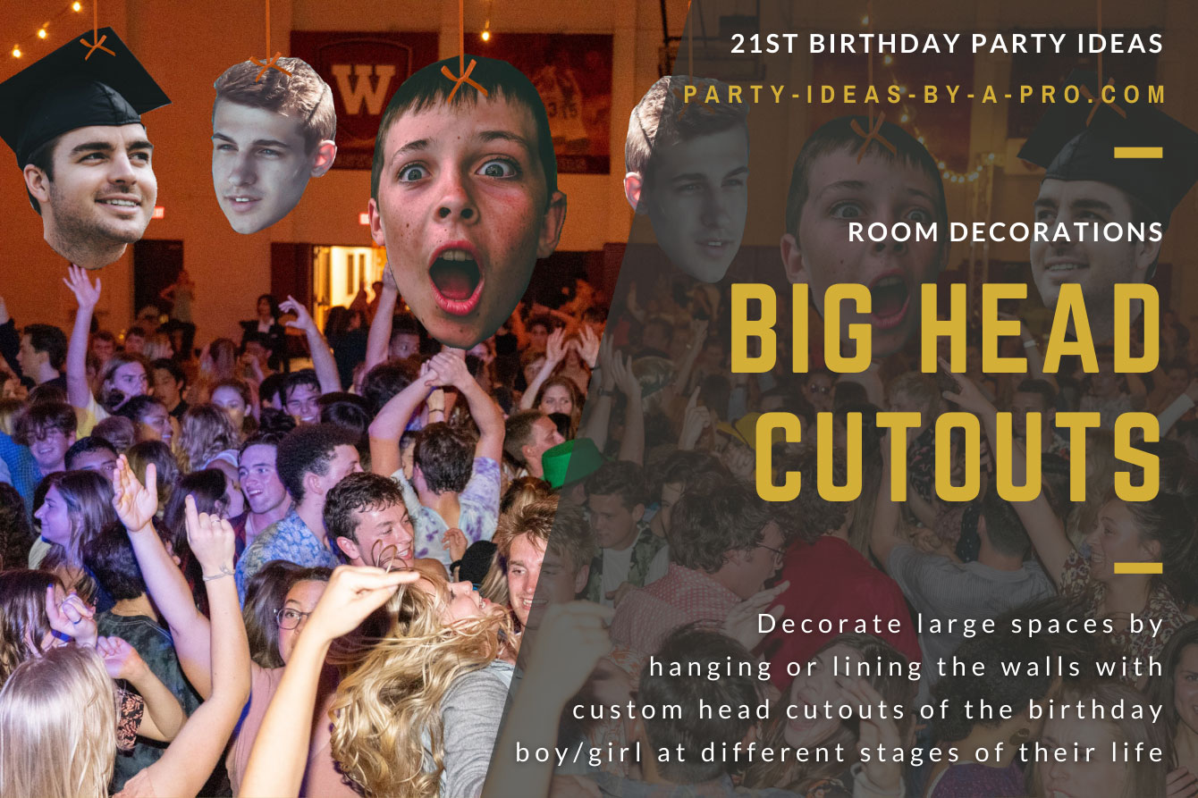 big head photo cutouts of the 21st birthday honoree as a man, boy, and baby hanging above dancefloor full of people
