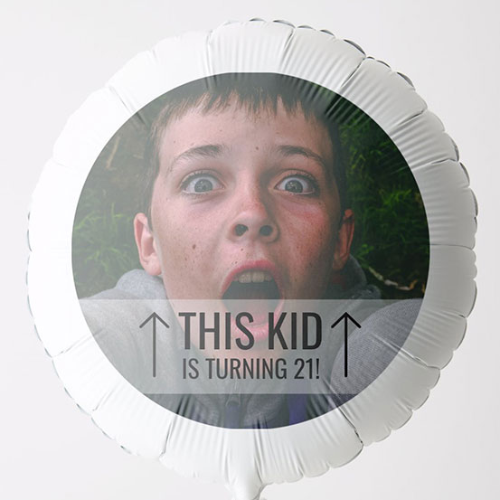 This Kid Is turning 21 photo balloon with old picture of a baby