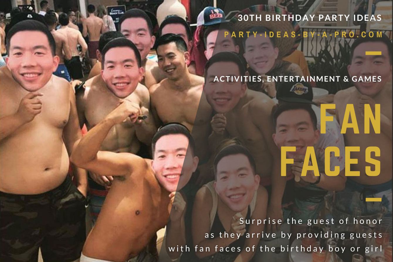 Group of friends holding up fan faces of the birthday boy's face