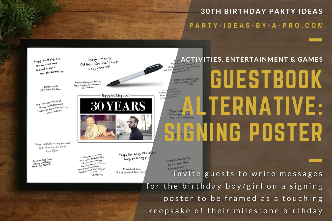 custom 30th birthday signing poster guestbook alternative with photos of birthday boy as adult and child surrounded by handwritten messages