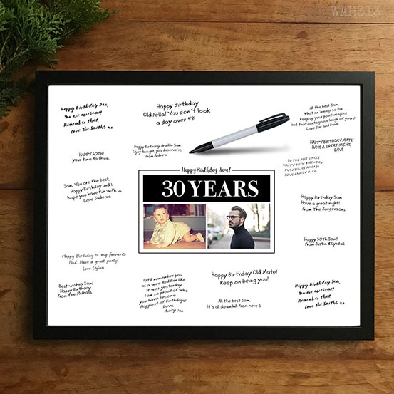 custom 30th birthday signing poster guestbook alternative with photos of birthday boy as adult and child surrounded by handwritten messages