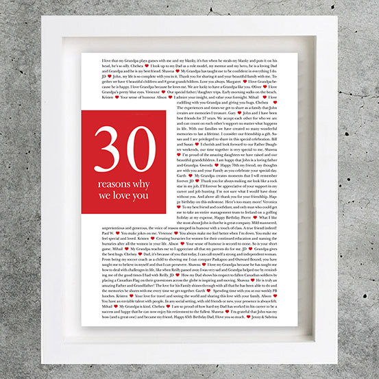 30 reasons We Love You framed red and white