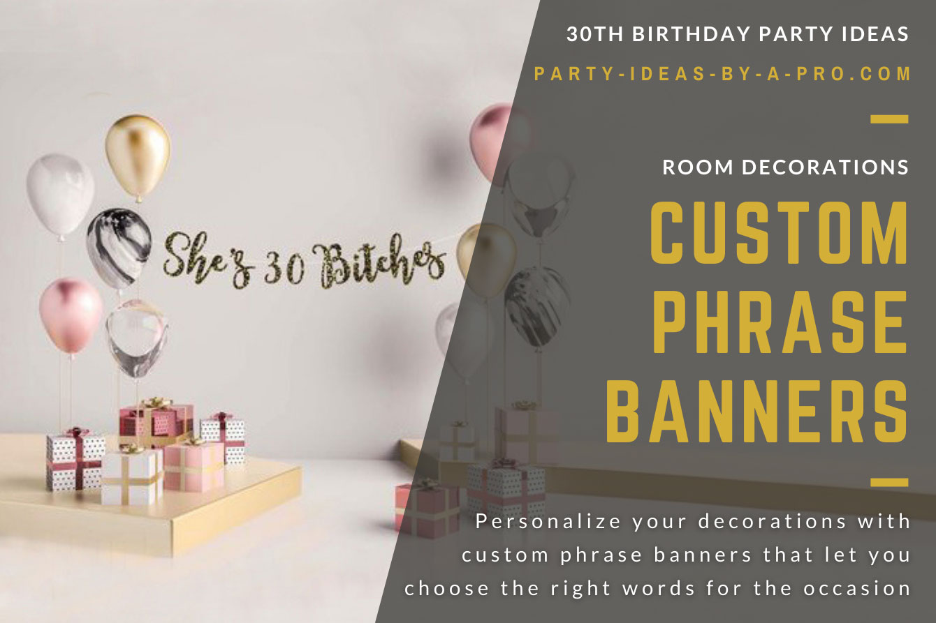 Personalized 30th Birthday gold text banner on wooden backdrop