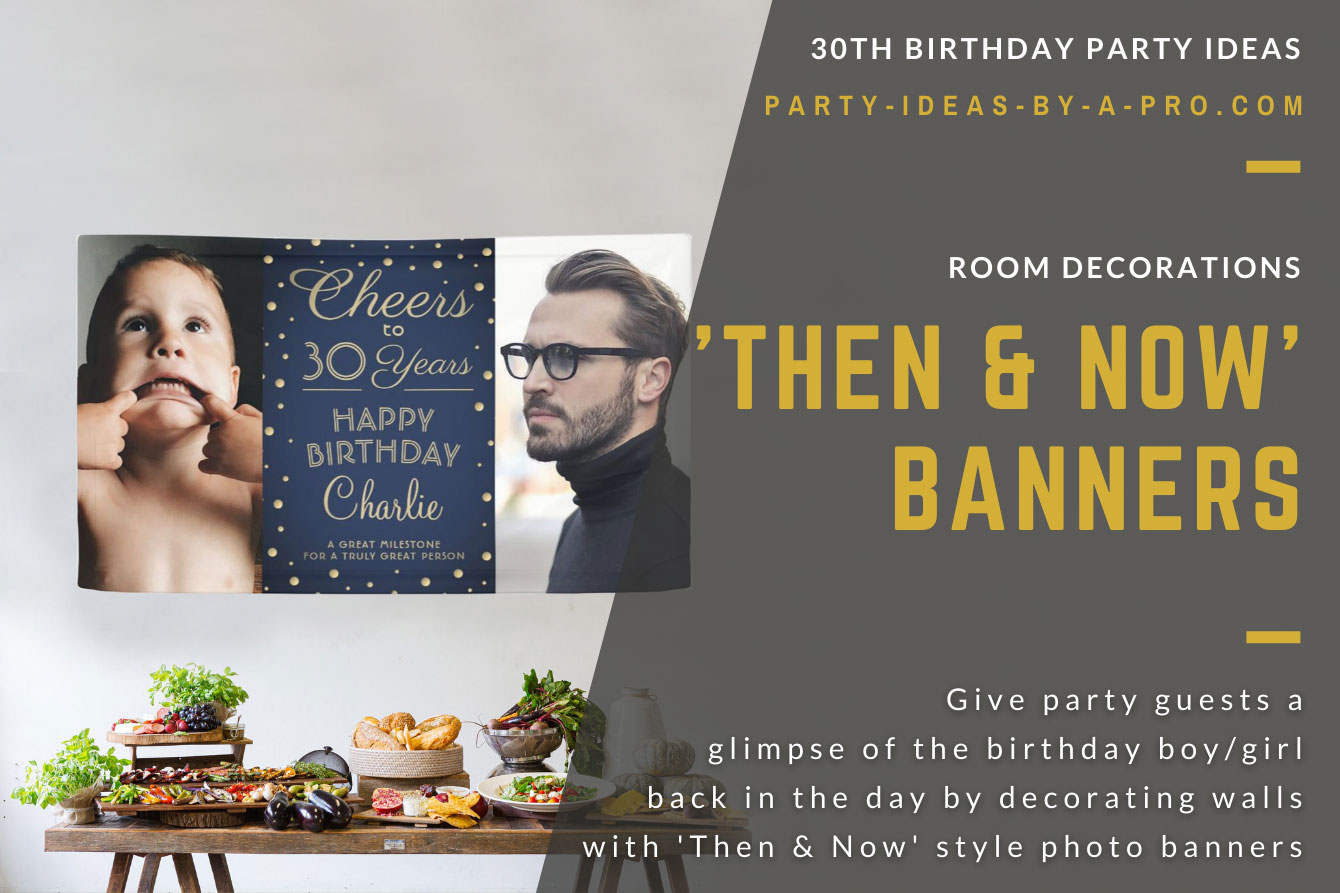 Cheers to 30 years custom photo banner showing birthday boy as a baby and as a man