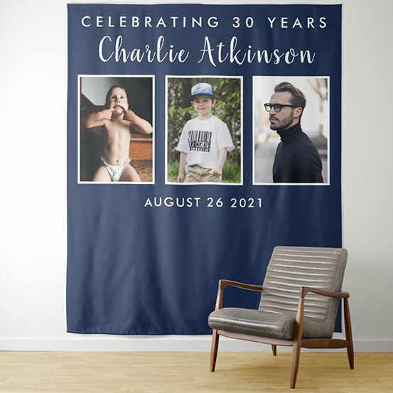 Celebrating 30 years photo backdrop showing birthday boy through the years
