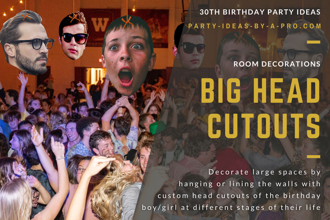 big head photo cutouts of the 30th birthday honoree as a man, boy, and baby hanging above dancefloor full of people