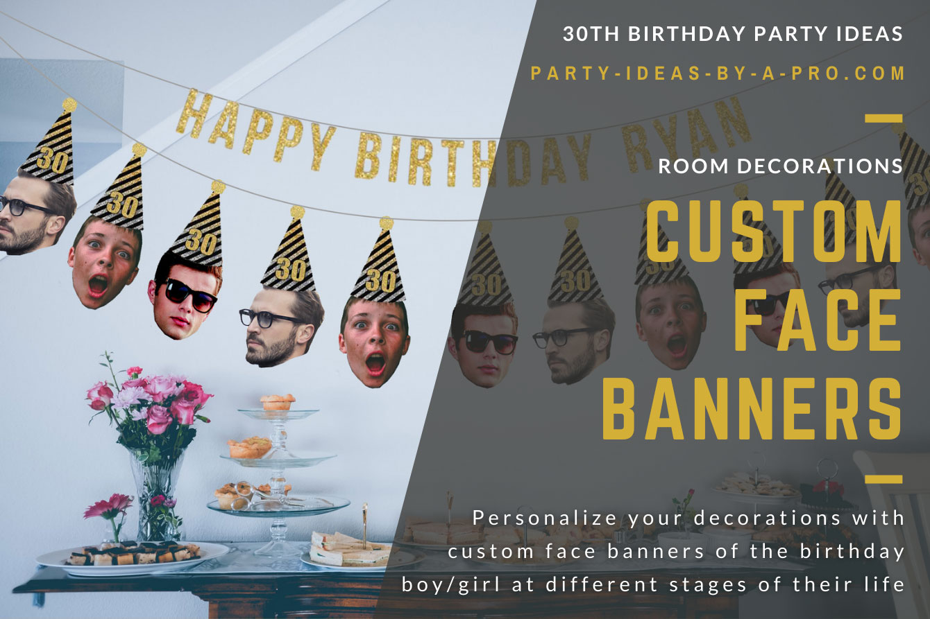 garland banner of faces of same person as a man, child, and baby wearing a 30th birthday party hat