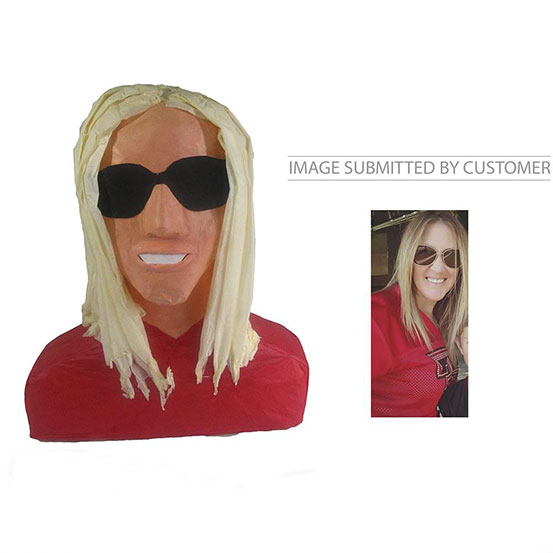 custom pinata of a blonde woman in sunglasses and a red dress