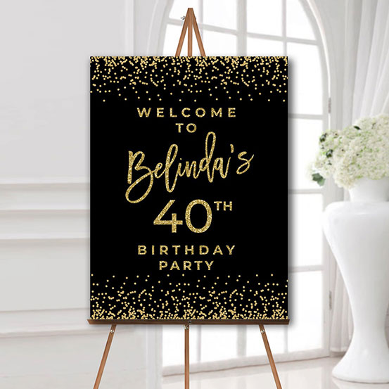 Black and gold sequin adult Birthday custom name welcome sign on an easel