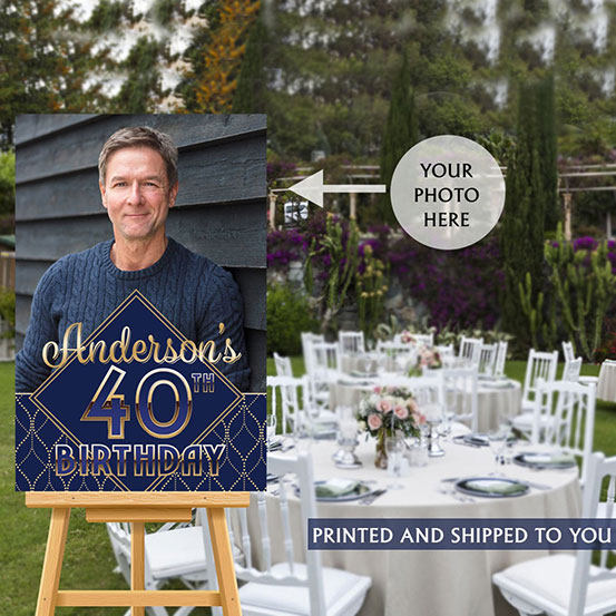 Custom photo 40th Birthday welcome sign on an easel