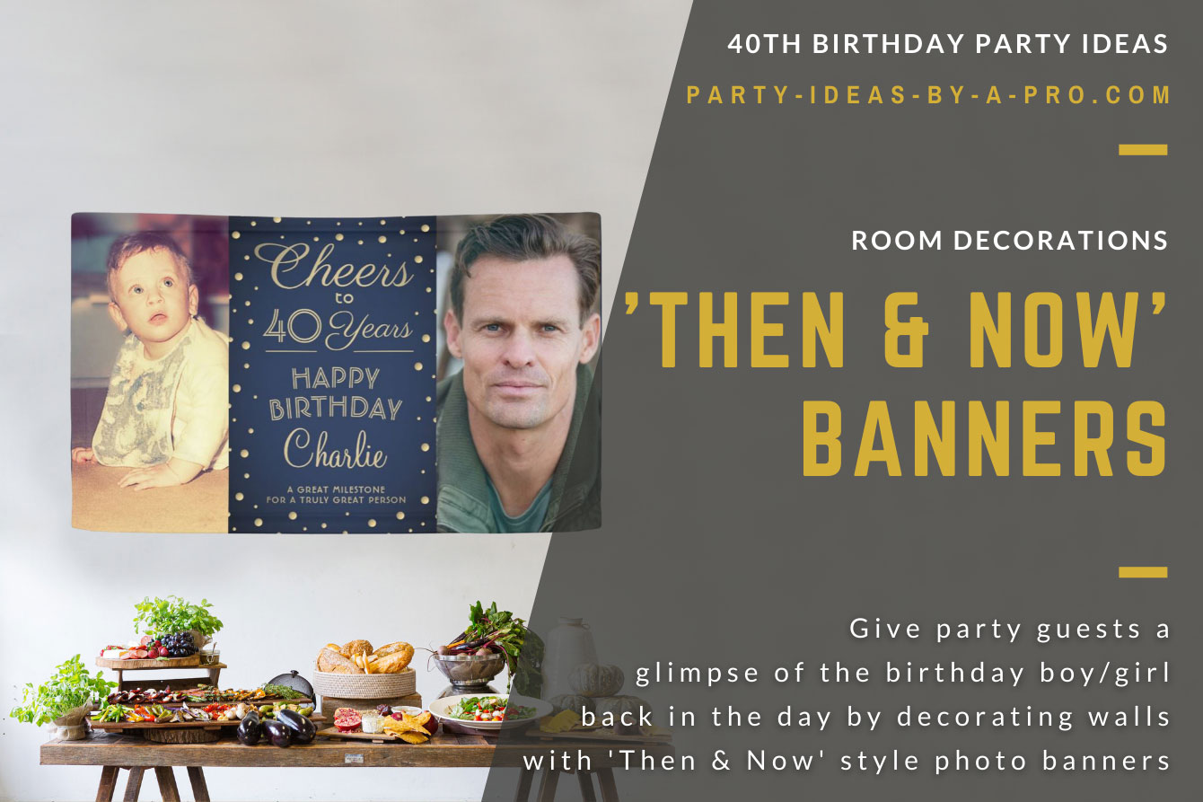 Cheers to 40 Years custom photo banner showing birthday boy as a baby and as a man