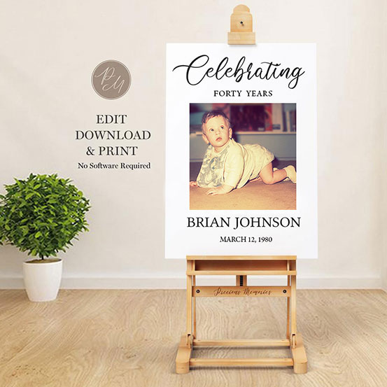 celebrating 40 years sign with photo of birthday boy as a baby displayed on an easel