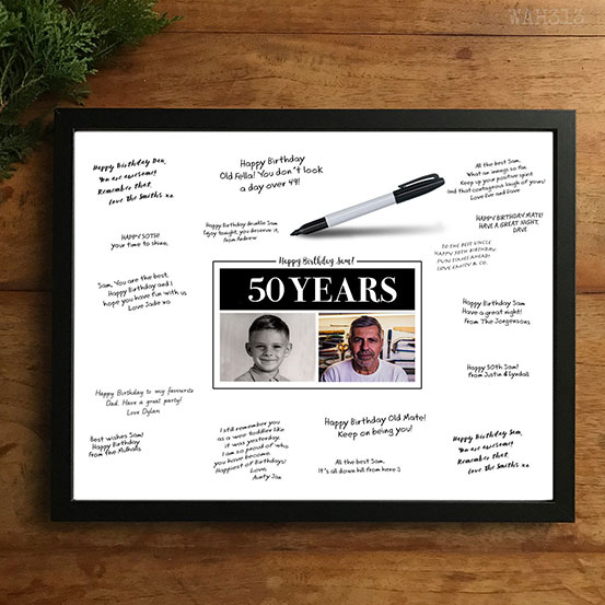 custom 50th birthday signing poster guestbook alternative with photos of birthday boy as adult and child surrounded by handwritten messages