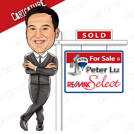 Caracature of a female real estate agent standing next to a Fore Sale sign